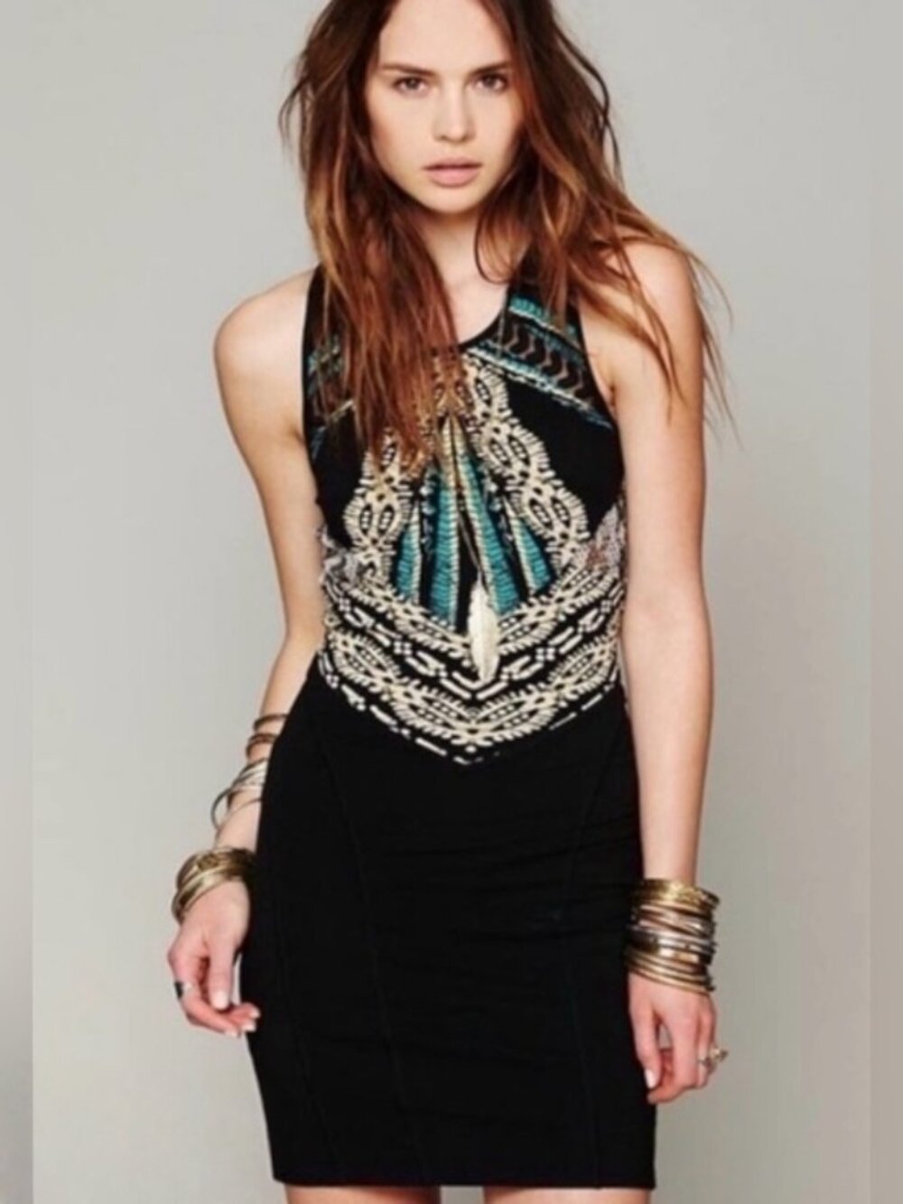 Free People Embellished Black Tank Sheath Dress with Teal Accents Bodycon mini